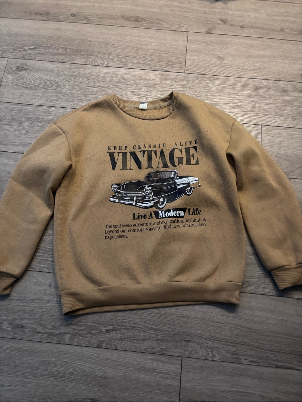 SHEIN Tan Crewneck Sweatshirt with Black Vintage Car Graphic
